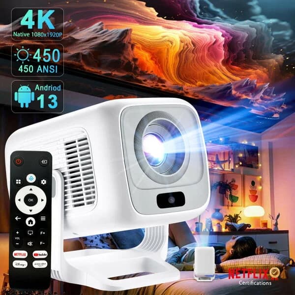 プロジェクター 家庭用 Netflix公式認証&Android TV13.0 搭載 270°回転 小型 プロジェクター フルHD 1080p 4K対応 電動フォーカス 自動台形補正 ホームプロジェクター 天井投影 スピーカー スマホ/ノートパソコン/Switch/などに対応