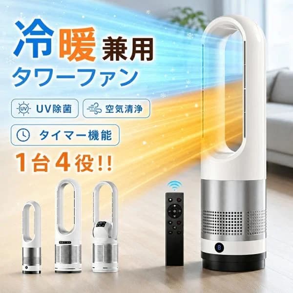 【先着限定7980円〜】扇風機 羽なし タワーファン 温冷風扇 3段階温風＆8段階送風切替 100°自動首振り 9Hタイマー 静音 首振り サーキュレーター 空気循環