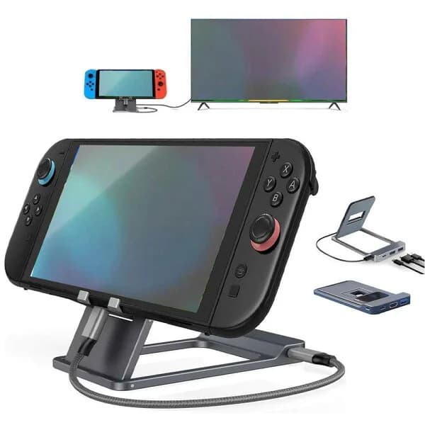 For Switch 2 / Switch / Switch Oled（有機ELモデル） 用 ドックスタンド TVドック HDMI 4K 60Hz/USB 3.0/PD100W 合金製 折りたたみ 収納可能 充電しながらミラーリング TVモード拡張ドック 変換アダプター 持ち運び便利 過電流保護 【システムバージョン21.0.0対応仕様】