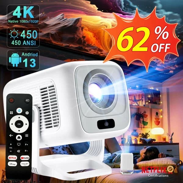 【新生活応援★62%OFF】プロジェクター 家庭用 Netflix公式認証&Android TV13.0 搭載 270°回転 小型 プロジェクター フルHD 1080p 4K対応 電動フォーカス 自動台形補正 ホームプロジェクター 天井投影 スピーカー スマホ/ノートパソコン/Switch/などに対応