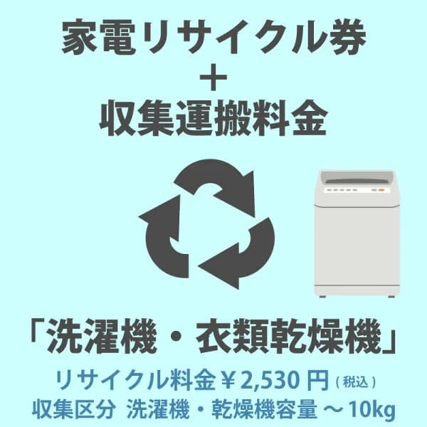 家電リサイクル券「1-A 洗濯機・衣類乾燥機」 2530円(税込) + 収集運搬費「収集区分A 容量～10kg」　容量10kgまでの縦型洗濯機/衣類乾燥機の収集運搬費 代金引換不可