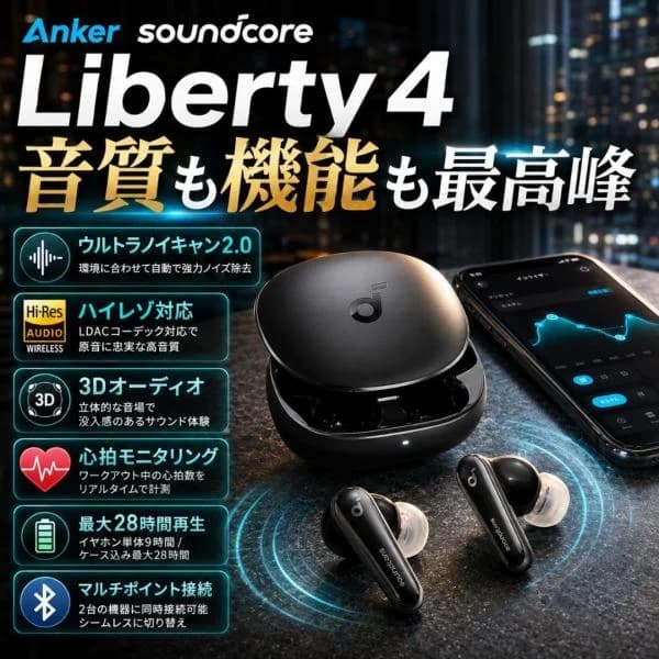 Anker Soundcore Liberty 4 ワイヤレスイヤホン アンカー ノイズキャンセリング ハイレゾ 3Dオーディオ Bluetooth5.3 心拍計測 防水 送料無料