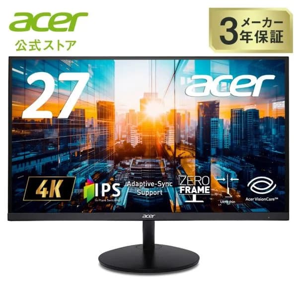 Acer モニター 27インチ 4K UHD 10億7000万色 広視野角 IPS 非光沢 NTSC 72% Adaptive-Sync HDR10 ゼロフレーム 超薄型 HDMI 2.0 DisplayPort v1.4 SA272Kbmiipx