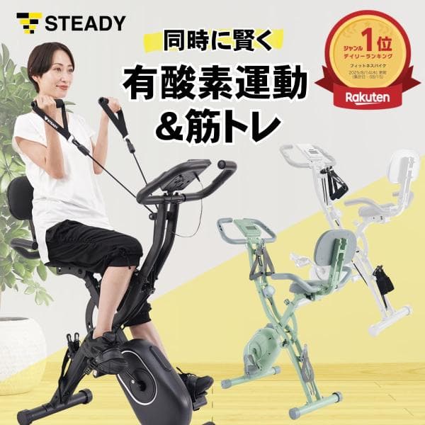 フィットネスバイク マット付き 静音 家庭用 バンド付き 有酸素運動 心拍表示  エアロバイク コンパクト 省スペース 時短トレーニング 365日保証 STEADY ST143